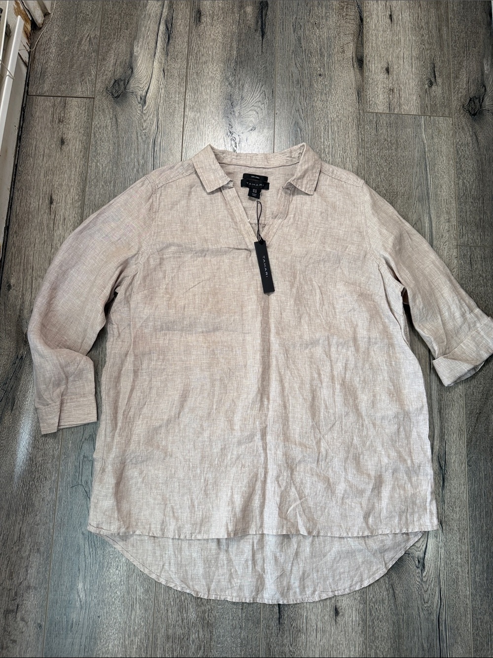 Tahari Light Beige Linen-Blend Relaxed Button Front Tunic